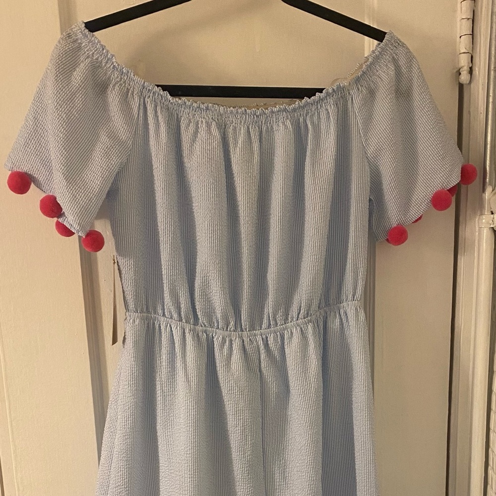 Seersucker Pompom Off Shoulder Dress Andree by Unit (Small)